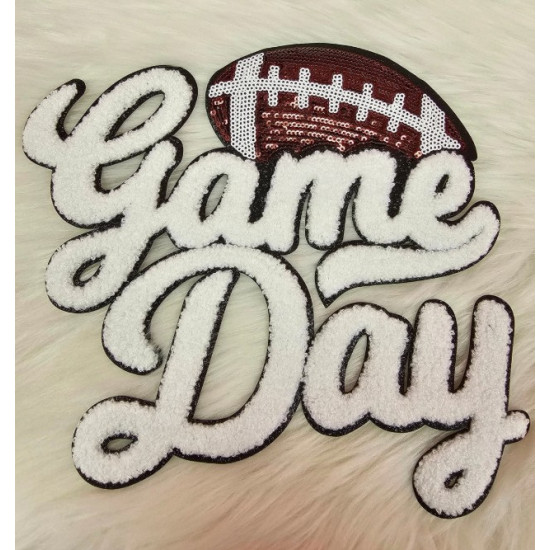 White Sequin Football Game Day Chenille Iron-On Black Glitter Patch