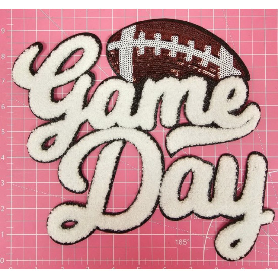 White Sequin Football Game Day Chenille Iron-On Black Glitter Patch