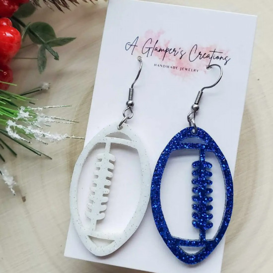 Blue & White Glitter Acrylic Football Game Day Earrings
