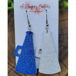 Blue & White Glitter Megaphone Cheerleading Leather Earrings